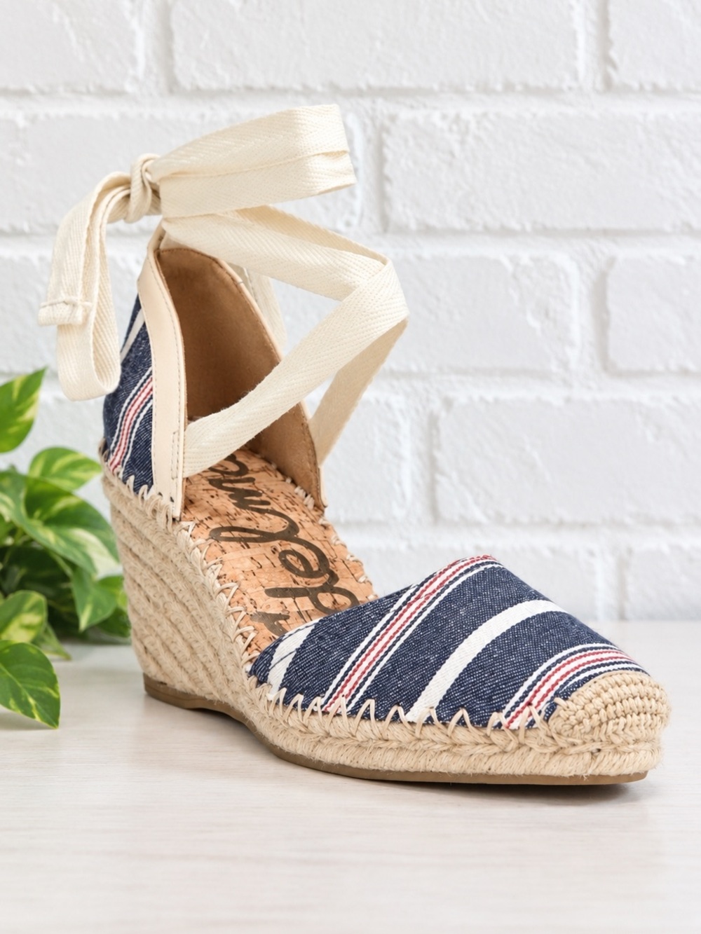 Sam Edelman Navy, White & Red Striped Espadrille Wedge with Cream Ankle Tie